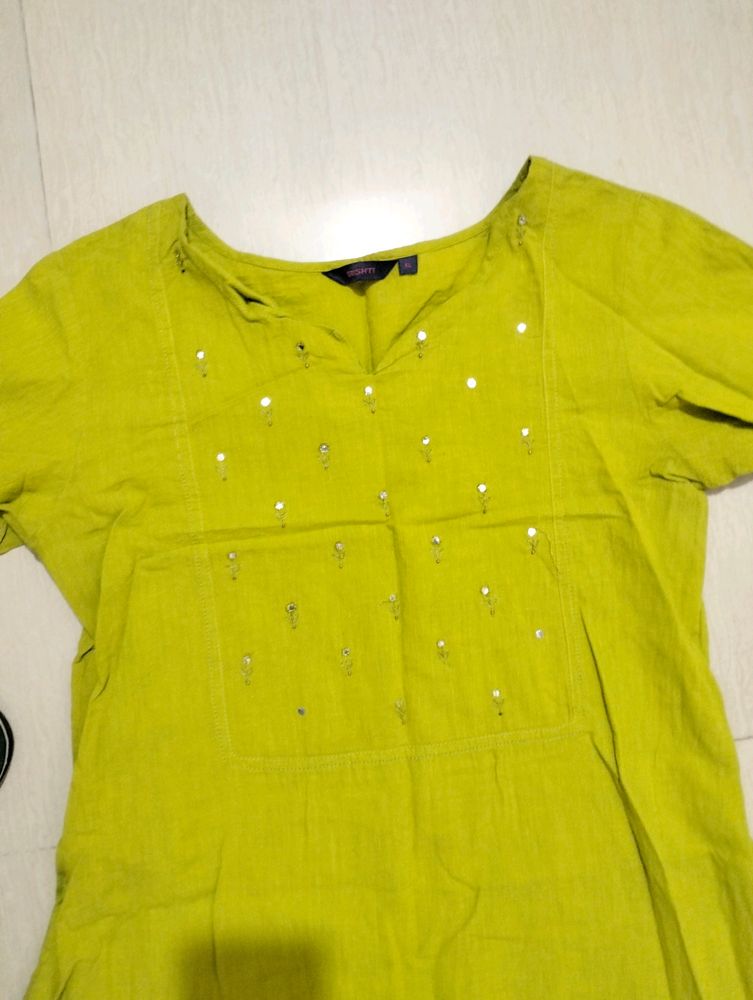 Lime Green Kurti With Mirror Works