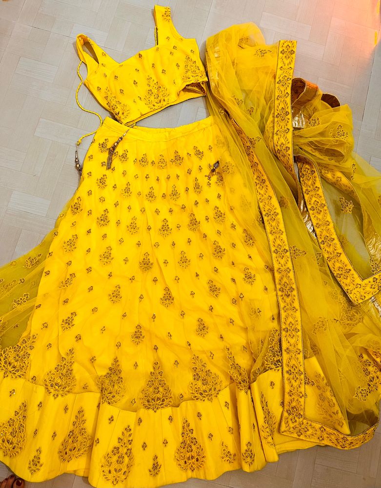 Yellow Net Lehnga For Haldi Ready