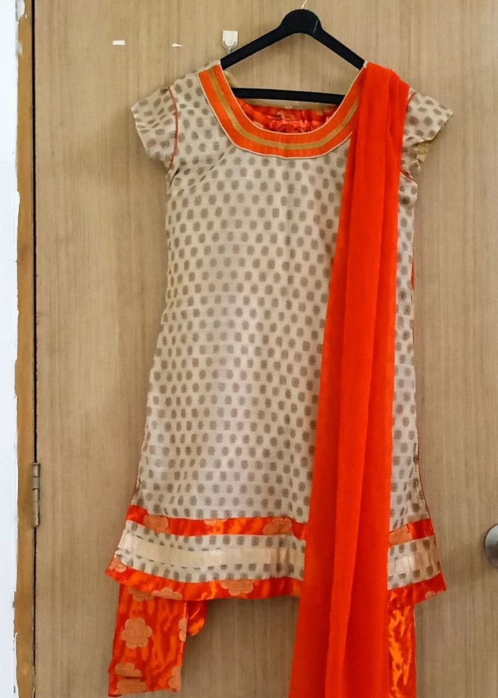 Tan Color Kurta With Orange Pajama And Dupatta