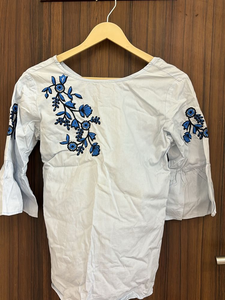 Light Blue Embroidered Top