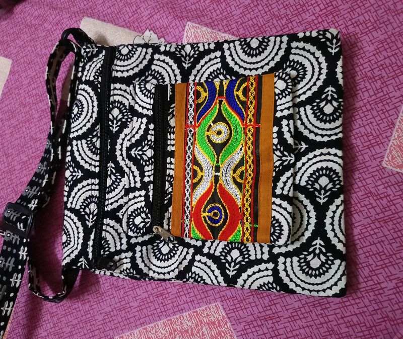 Black and White Cotton Sling Bag