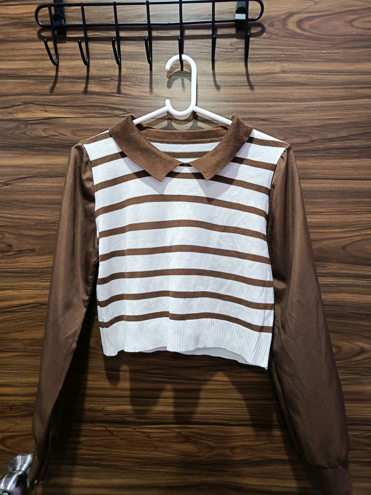 Korean Brown & White Collared Top