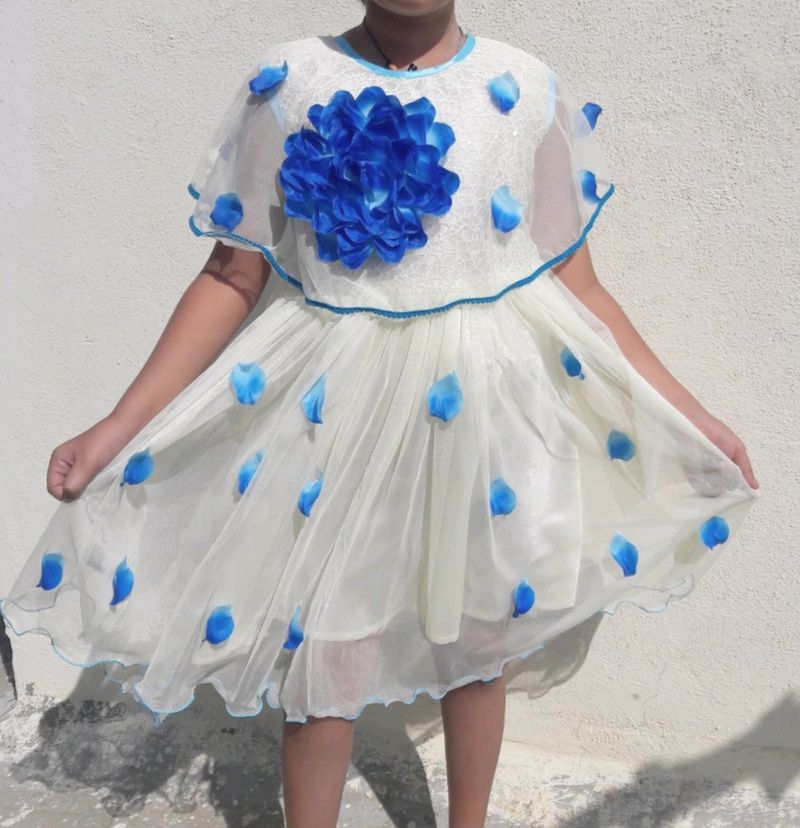 Off white and sky blue knee length frock for girls