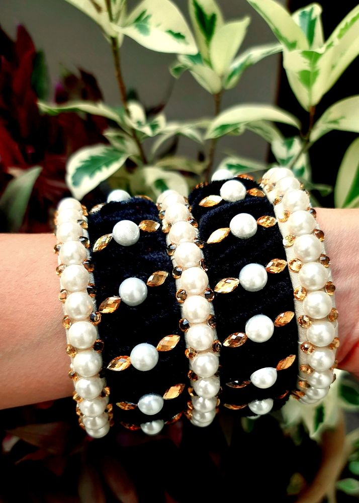 Black Velvet White Pearl Trending Bangles Set Of 5