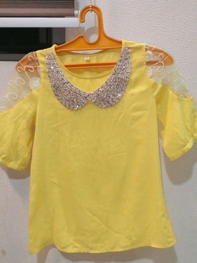 Butter Yellow Tunic Top With Netted Sleeves