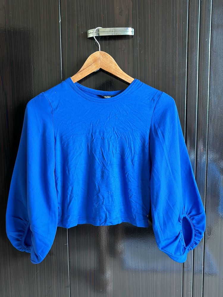 Blue Backless Balloon Sleeve Top