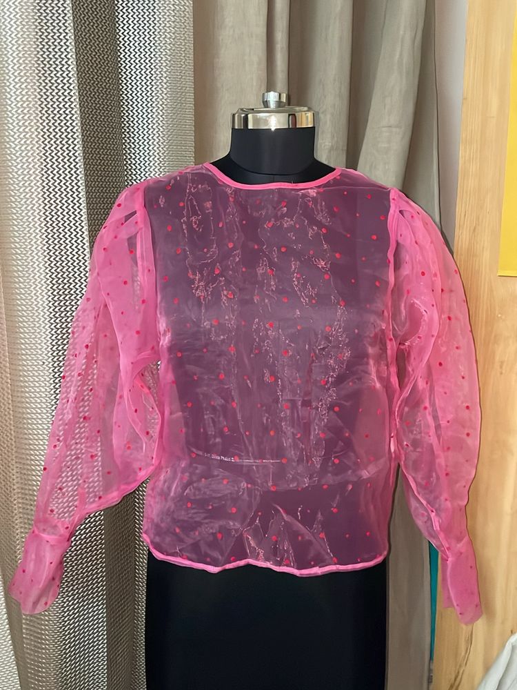 Pink Sheer Top With Puffy Sleeve