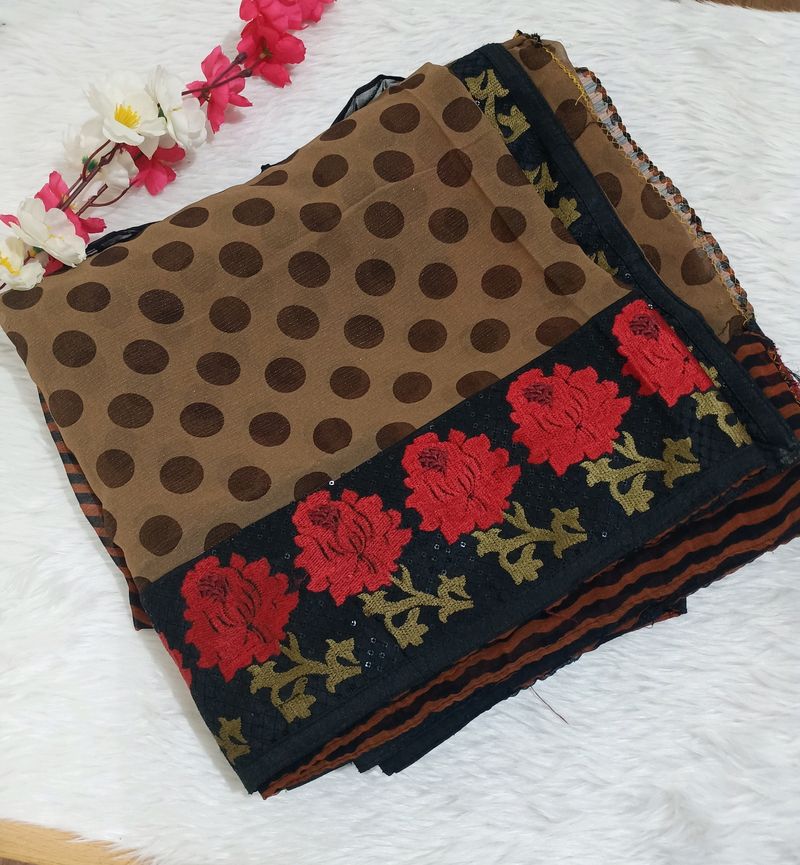 Georgett  Brown Saree With Red Floral Border