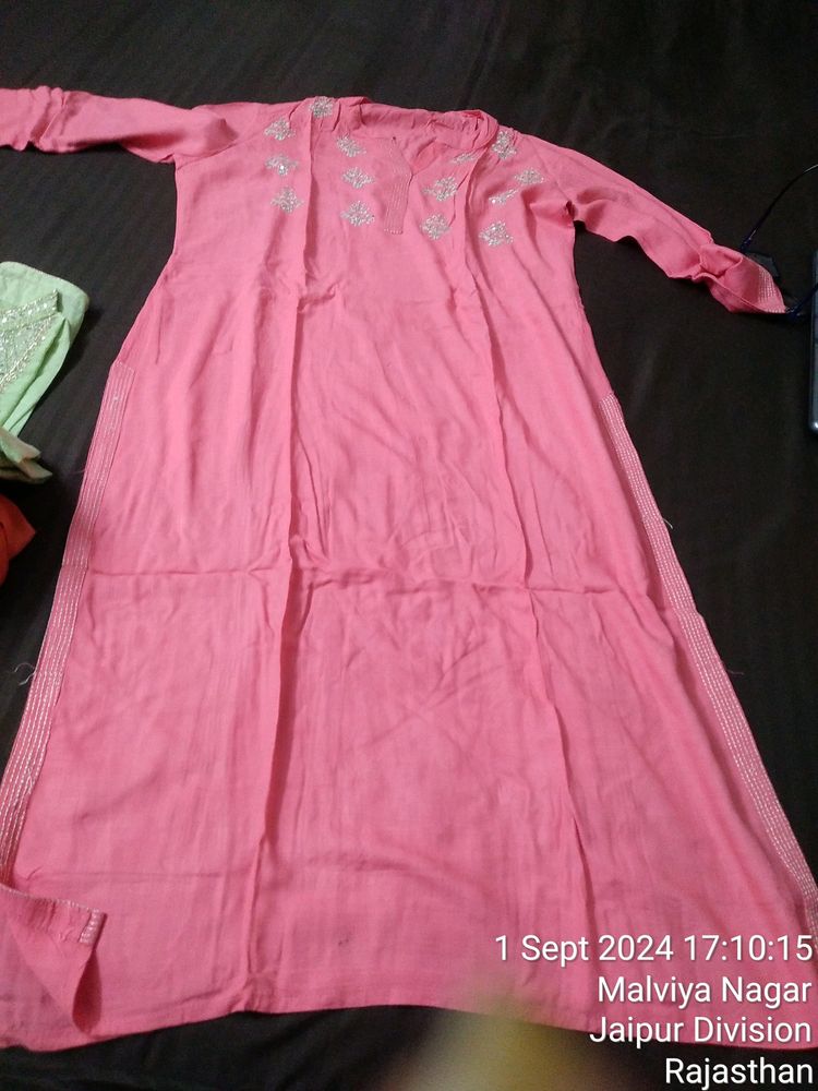 New Pink Kurta With Design On Neck Portion