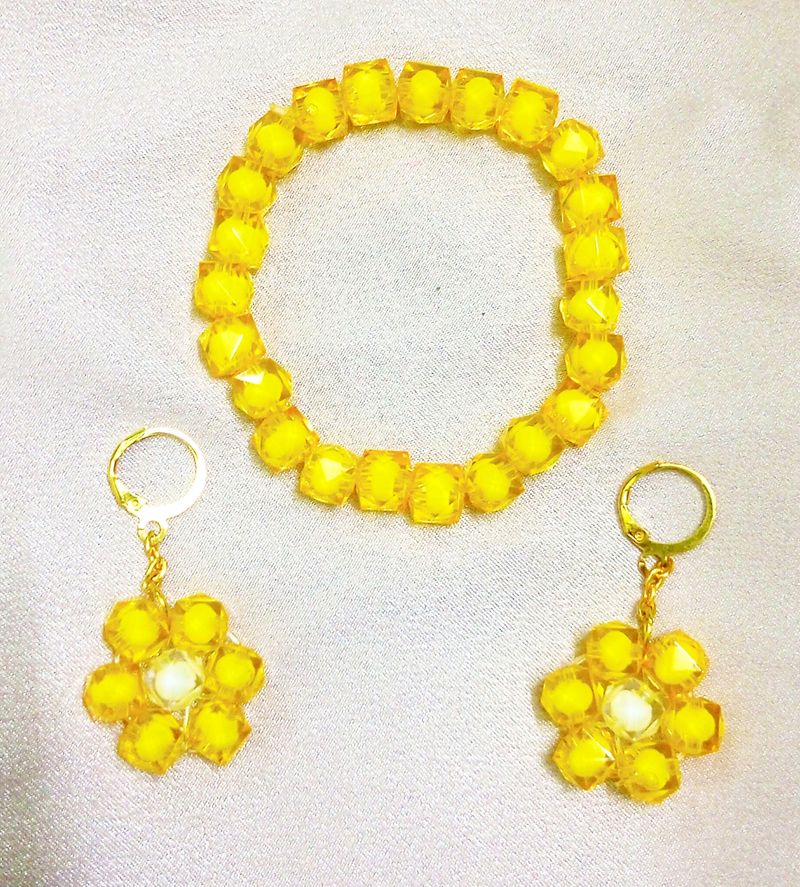 Yellow Crystal Beads Bracelet With Earring