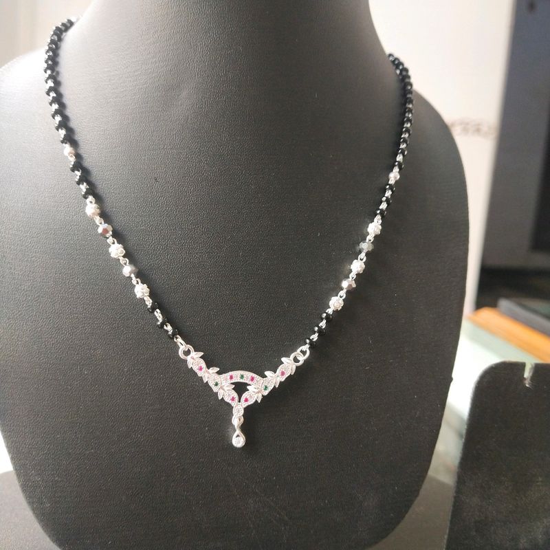 Mangalsutra Pure Silver Pink& Green CZ Single Line