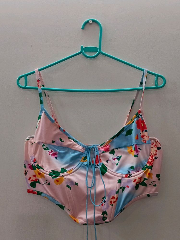 Urbanic Blue And Pink Floral Crop Top