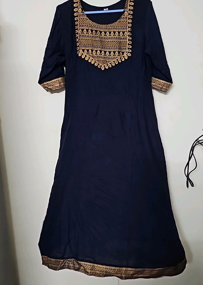 A LineRayon Cloth Navy Blue With Gold Printed Kur