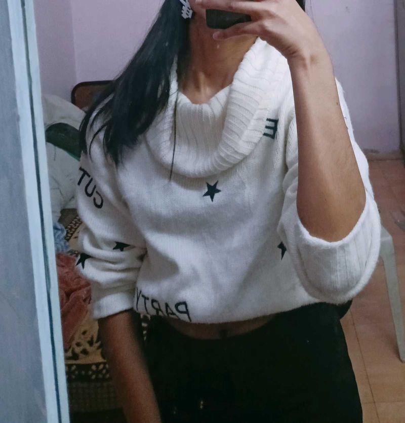 Korean White With Black Design Sweater