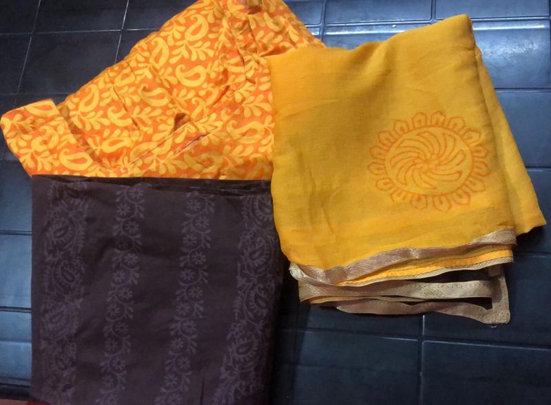 Orange& Brown Stitched Kurti Vth Pant Shawl