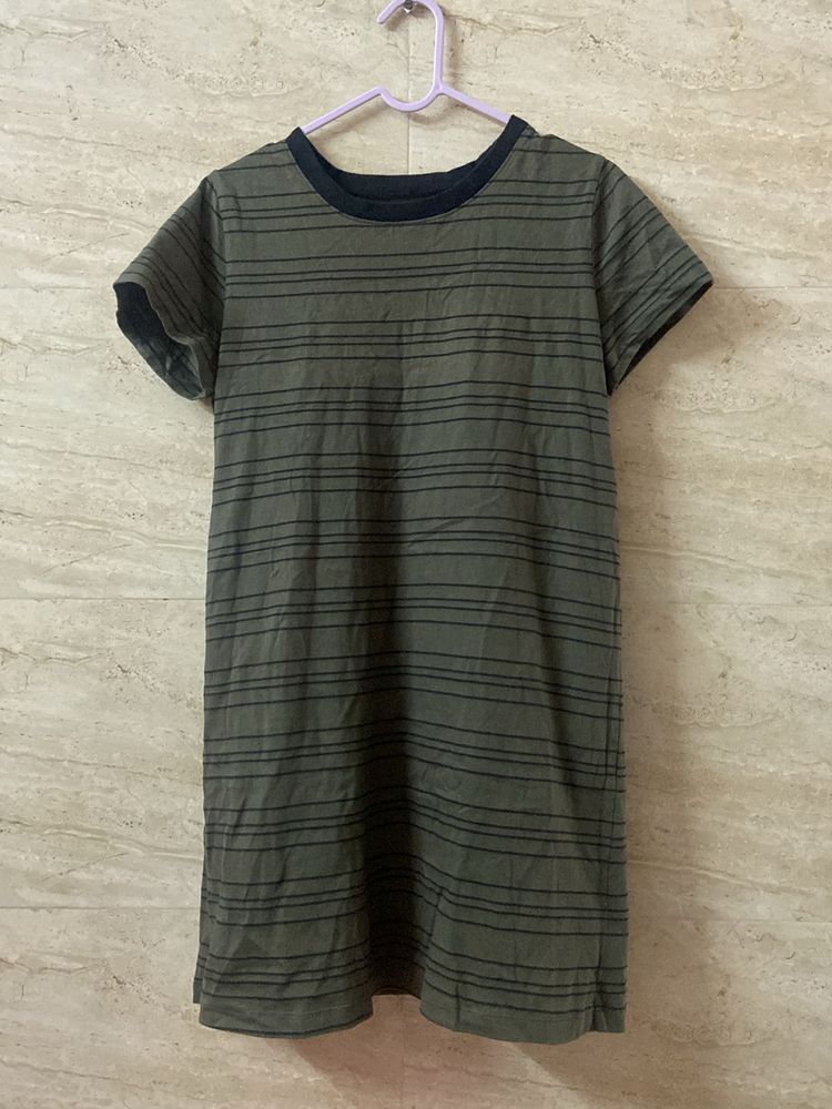 Olive Green Stripped Backless Shirt Dress