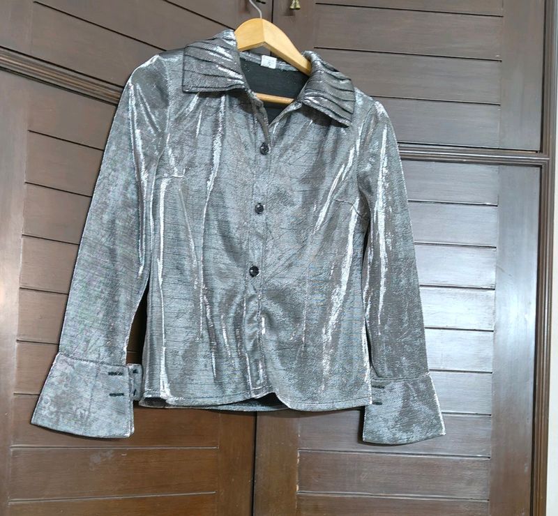 Women Partywear Silver Shinny Casual Shirt