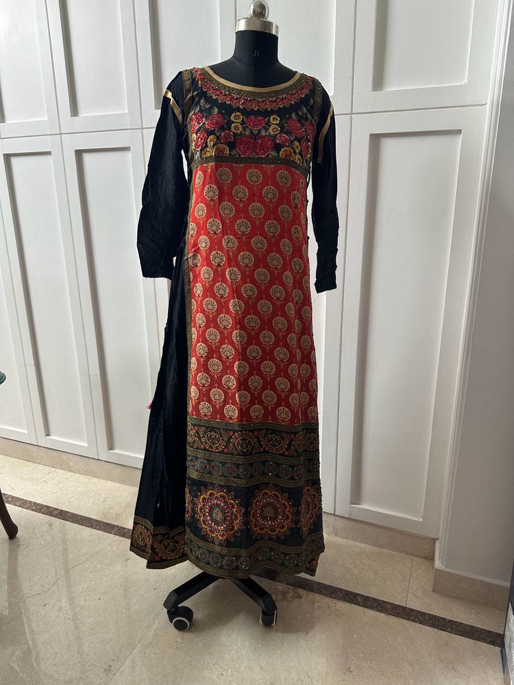 Black & Multicolour Print Anarkali With Dupatta