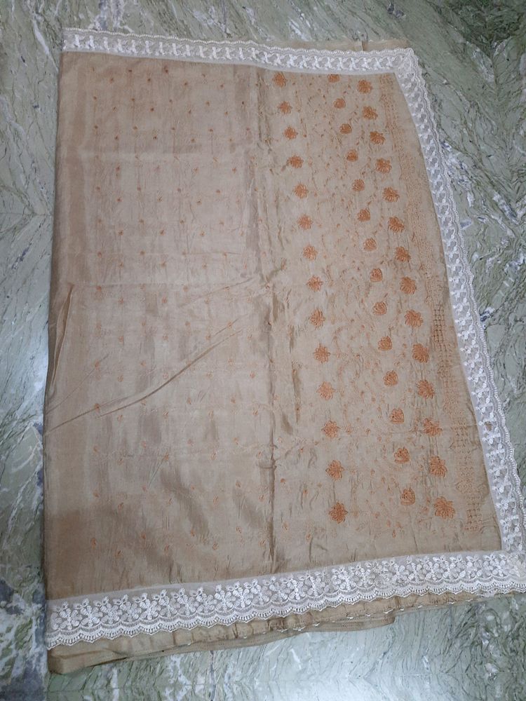 Beige Silk Saree With Embroidery Work