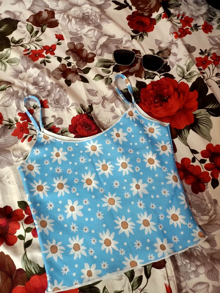 Daisy Printed Blue Tank Top