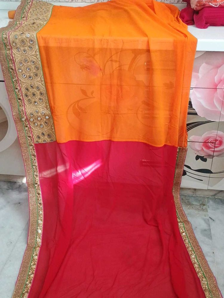 Saree With Shading Of Orange And Red Colour Beauti