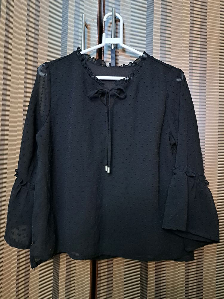 Black Swiss Dot Top With Sheer Sleeves