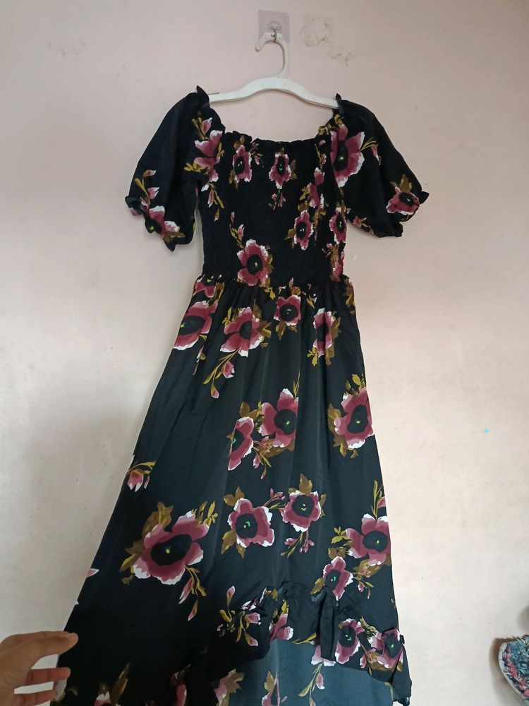 Up Knee Length Flared Dress  Black