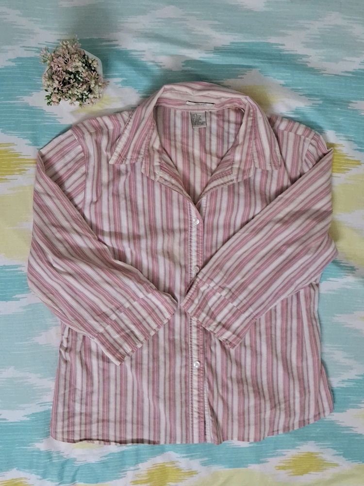 Pink And White Korean Style Striped Shirt