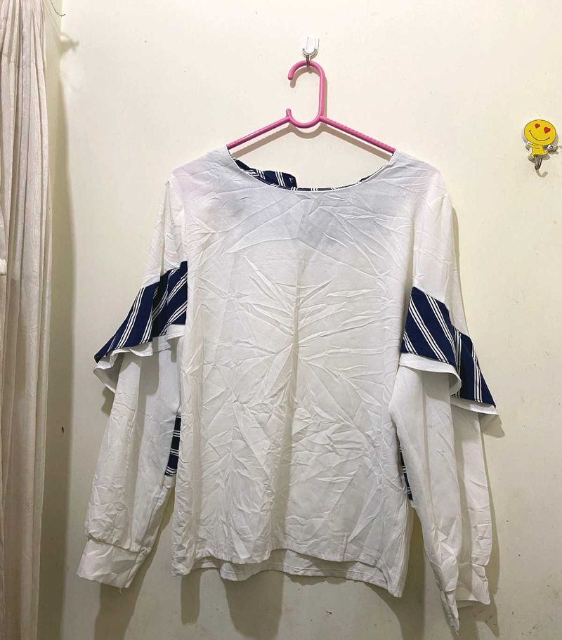 Korean Stylish White+Navy Blue Mix Top