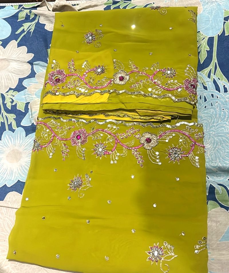 Lime Green Colour Work Saree