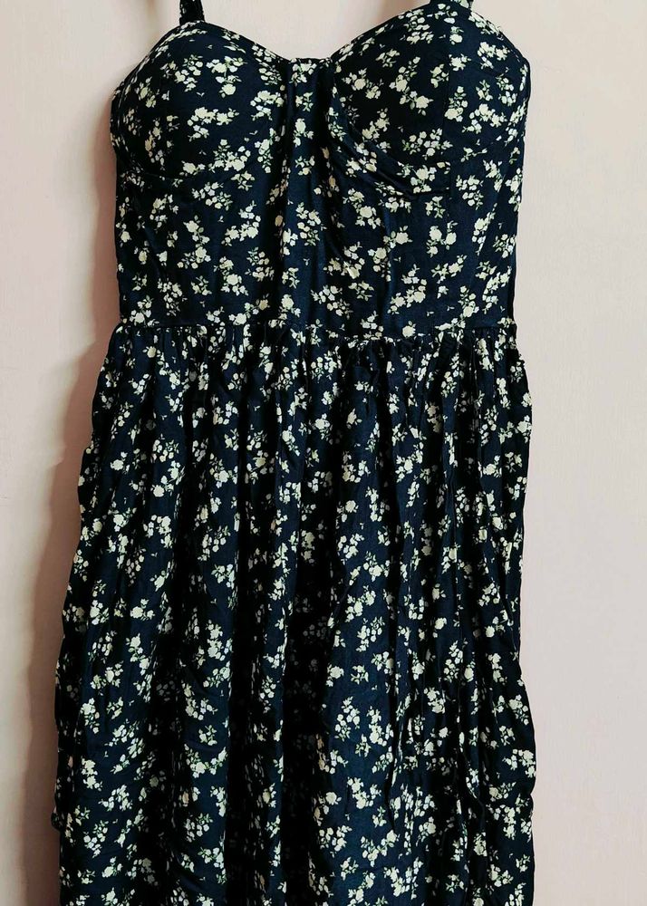 Navy Blue Strap Floral Dress