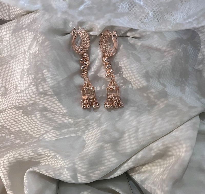 Triangle Rose Gold Earring, Long Peacock Earring