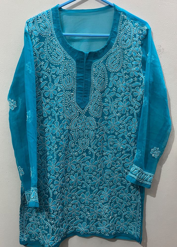 Sky Blue Chikankari Short Kurti