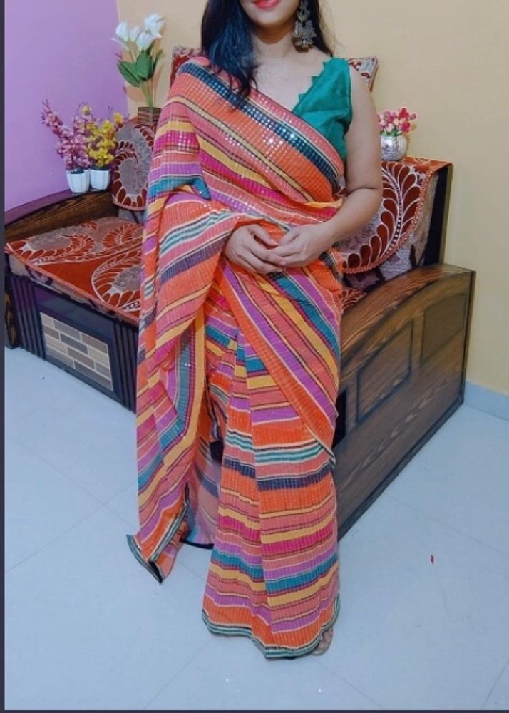 Beautiful Print Saree With all over sequence Work