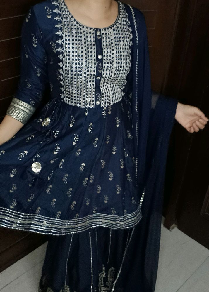 Festive Women Blue Thread Embroidery Printed Suit