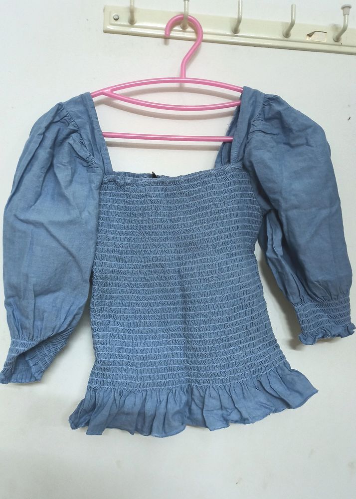 Blue Puff Sleeved Smocked Fitted Top By Roadster