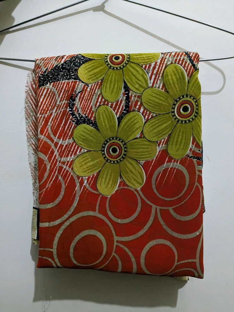 Orange And Green Flower Printed Saree