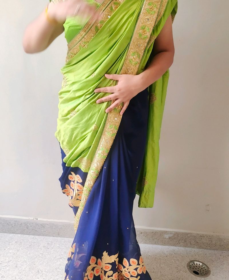 Party Wear Saree Combination Of Green & Navy Blue