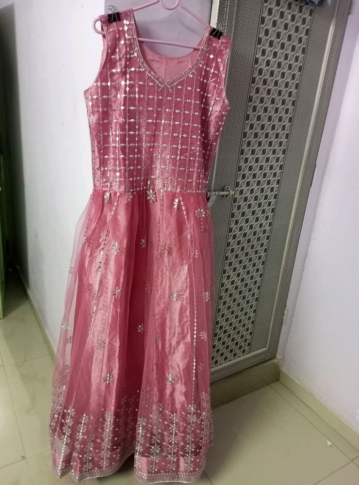 NEW Peach Pink Net Embroidery Gown..