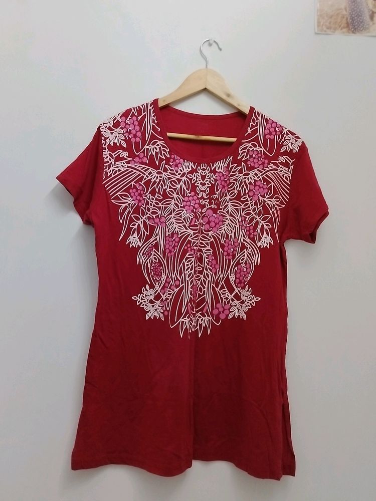 Red Long Length T-shirt For Women