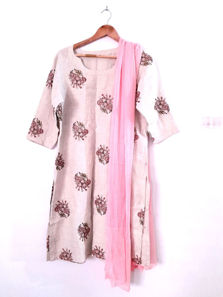 Light Cream Embroidered Kurta & Dupatta (Women's)