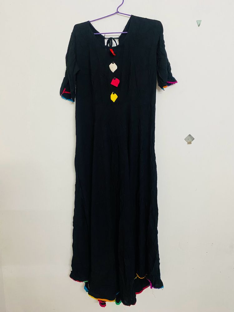 Black Flair Kurtha With Multi Clr Pom Po