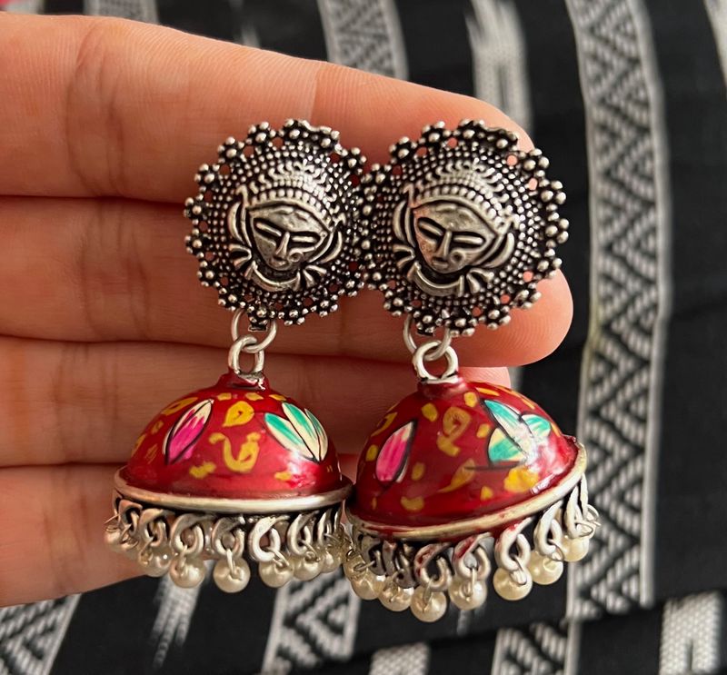 Hand Painted Red Meenakari Jhumki