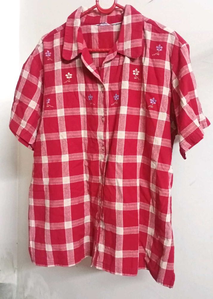 Red Cotton Check Shirt With Embroidery