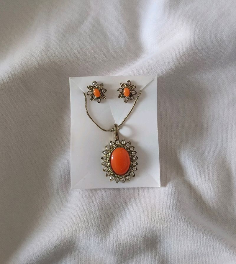 Orange Necklace Earrings Set Party Wear