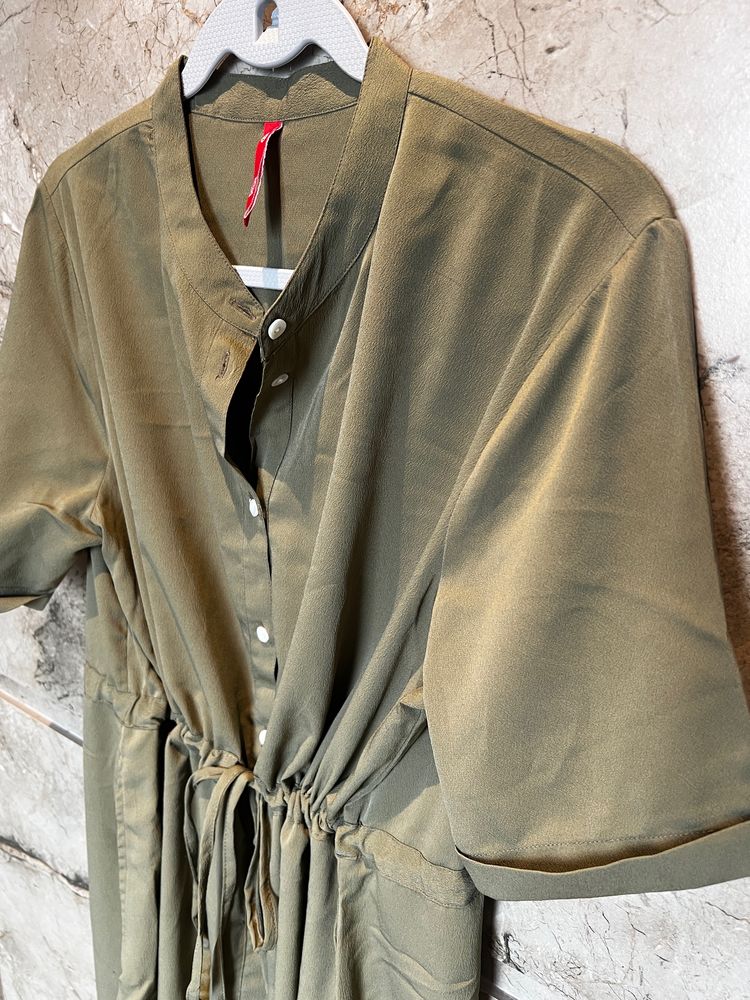 Olive Green Shirt Dress With Adjustable Waist