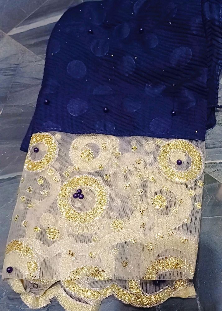 Cotton Pleated Hijab With Shimmer Lace