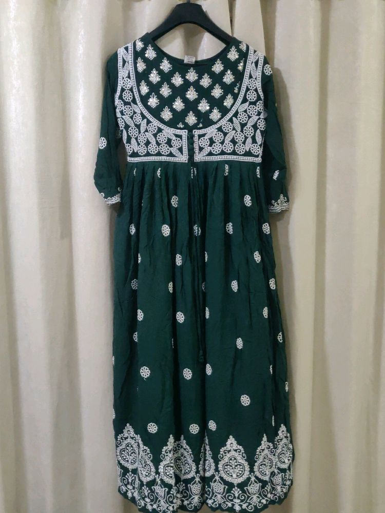 Rayon Cotton Bottle Green Lucknowi Kurti