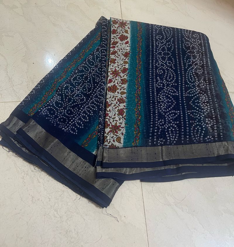 Navy Blue Floral And Bandhani Print Saree