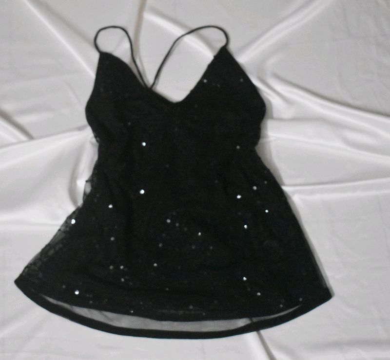 Black Sequin Criss Cross Back Cami Top